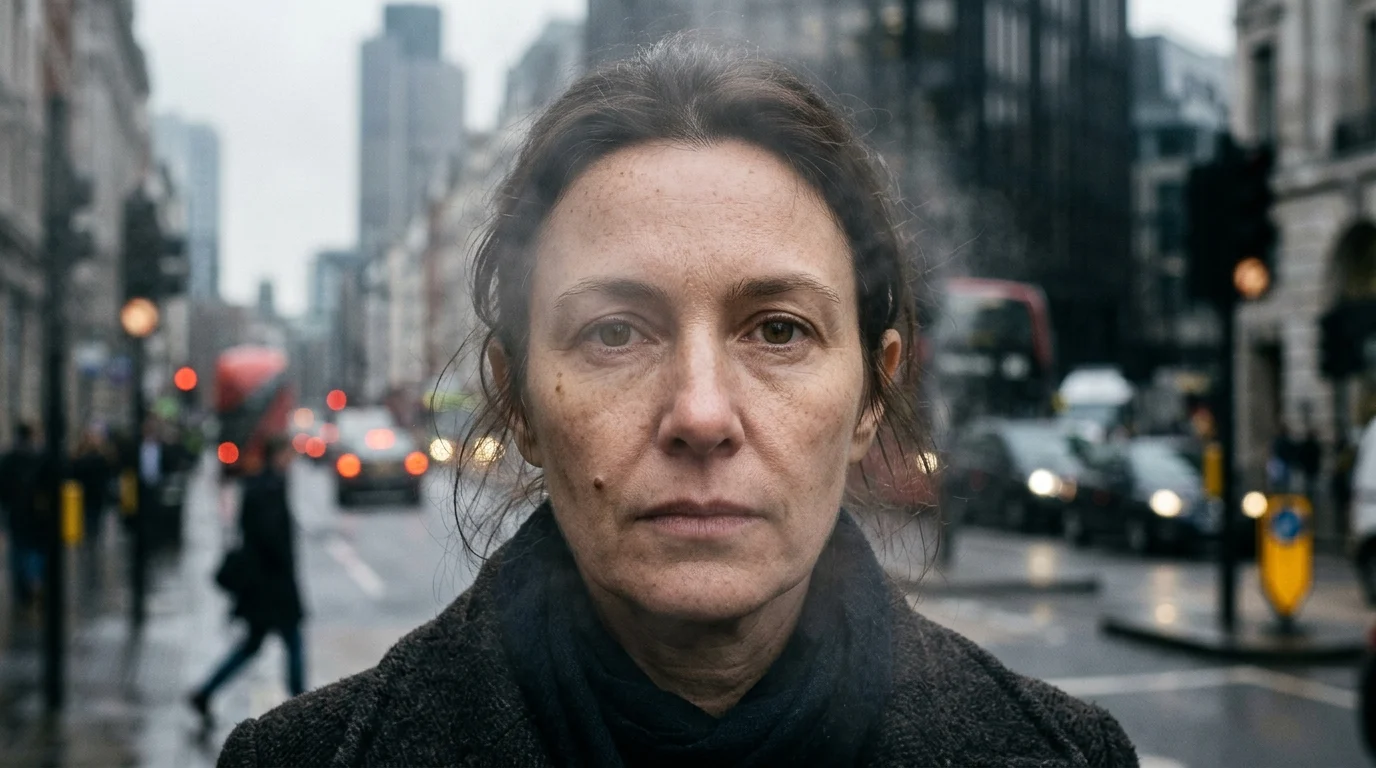 Close-up of a woman's face on a city street with pollution haze, illustrating how urban air pollution generates reactive oxygen species in skin independently of UV exposure