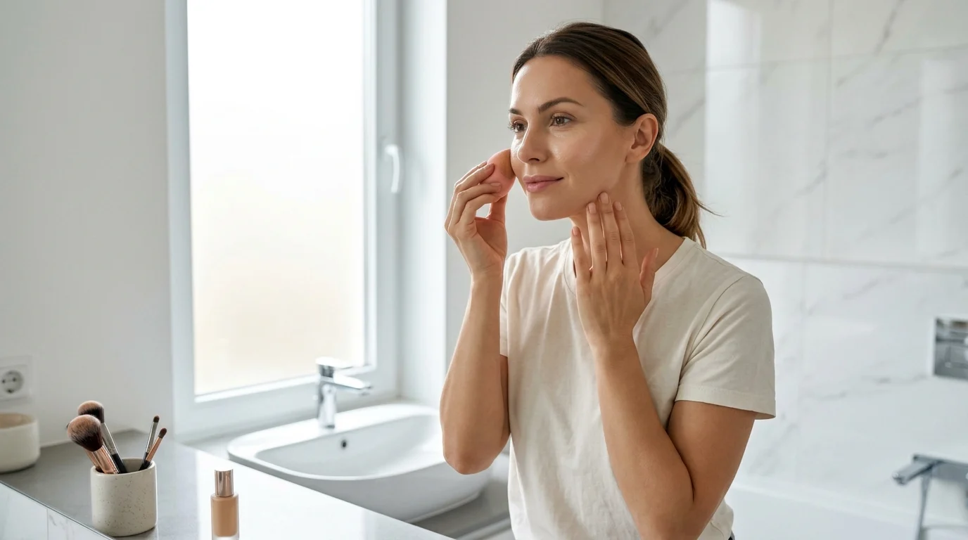 A woman applying foundation with a beauty blender in natural morning light — illustrating how makeup SPF is applied at far less than the thickness required to achieve labeled SPF protection.