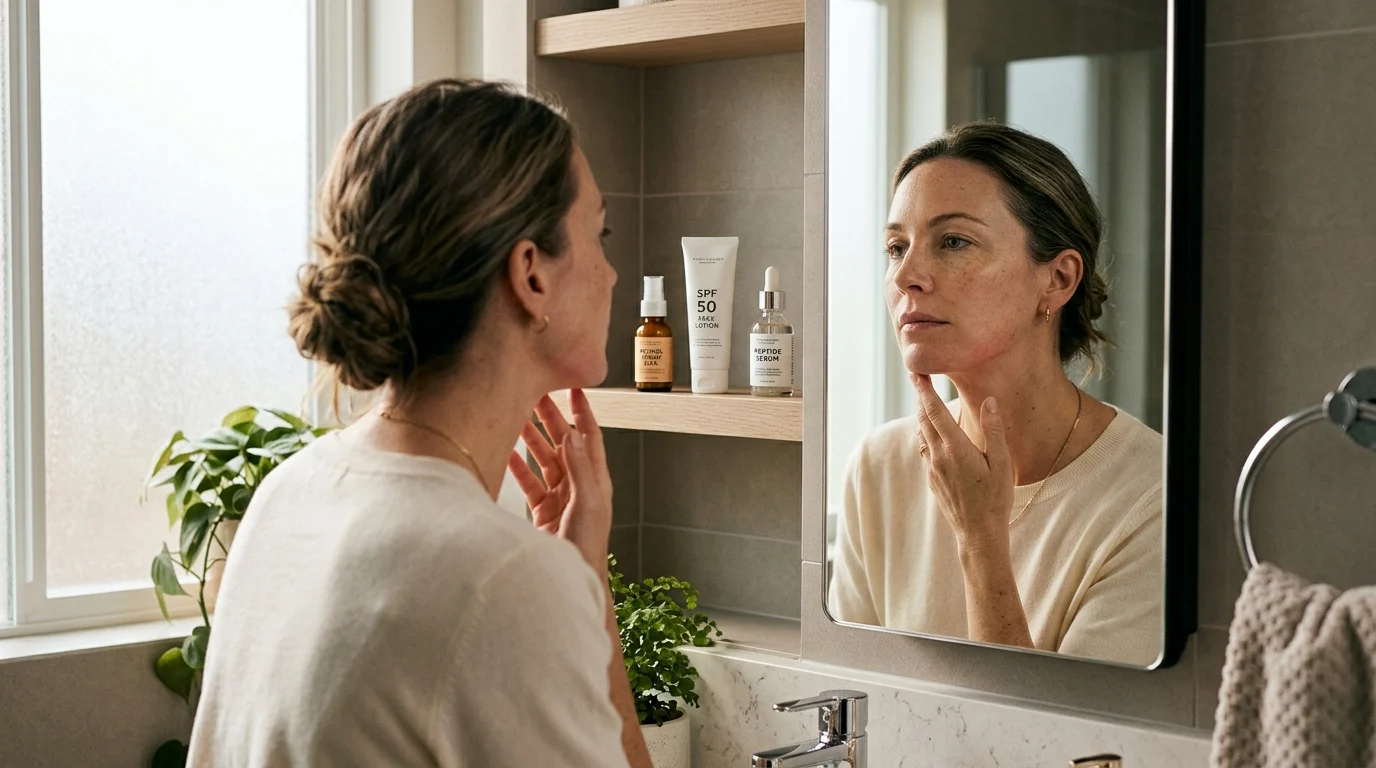 A woman is checking the texture of her skin and the pimples on her jawline in front of the bathroom mirror, with a well-organized skincare shelf in the background.