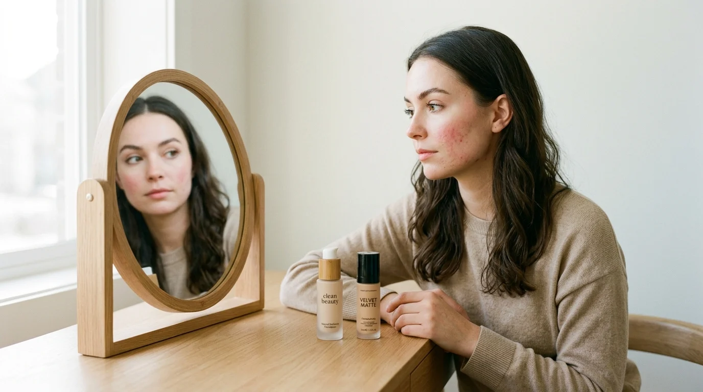 A woman examines two foundations — one "clean beauty," one standard — as subtle redness appears on her cheek, illustrating that formula tolerance matters more than marketing claims.