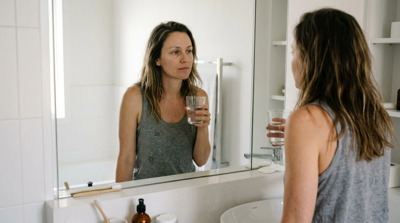 A woman examining her dry, dull skin in a bathroom mirror while holding a glass of water, illustrating the disconnect between water intake and skin hydration.