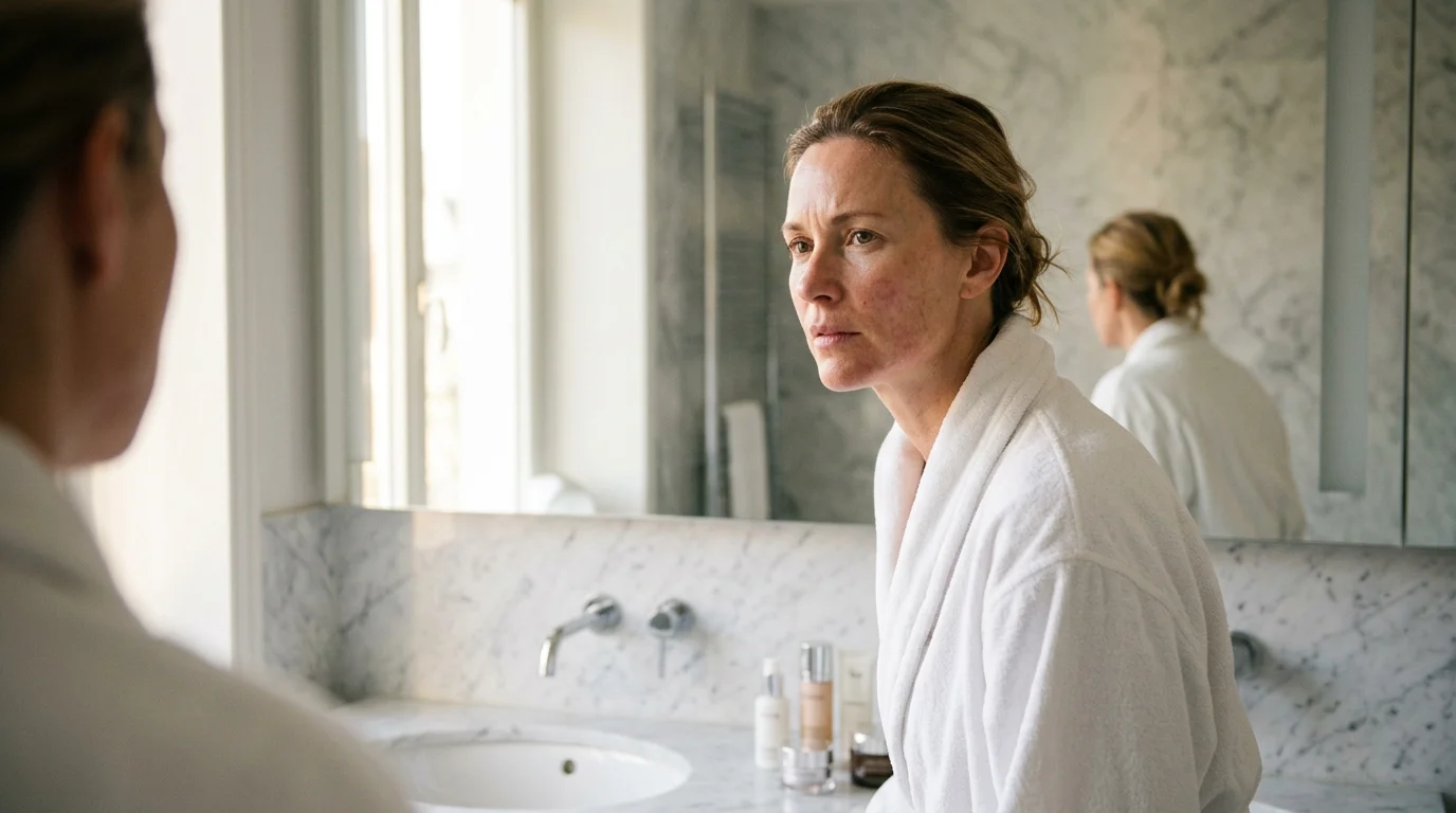 A woman in her early 40s examining her skin in a bathroom mirror, showing subtle redness and skin dullness linked to chronic inflammation