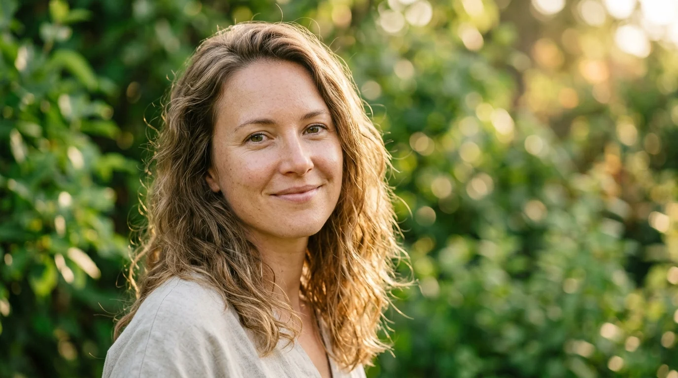 A woman with calm, healthy skin in soft outdoor morning light surrounded by green foliage — representing the skin health benefits of regular nature exposure and cortisol regulation.