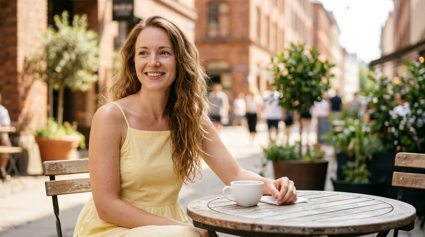 A woman sitting at an outdoor café in bright midday sun with no visible sun protection — representing the real-world UV exposure risk when relying on foundation SPF alone for outdoor activities.