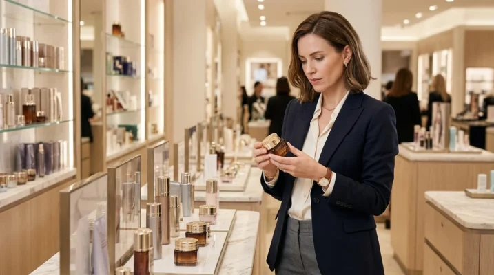 A woman at a luxury department store beauty counter reading the ingredient label on a cream jar, representing the shift toward ingredient-literate consumer behaviour in skincare.