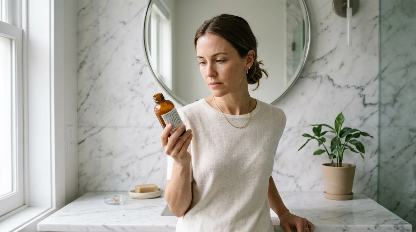 A woman reading the ingredient label on the back of an amber glass skincare bottle at a minimalist marble bathroom vanity