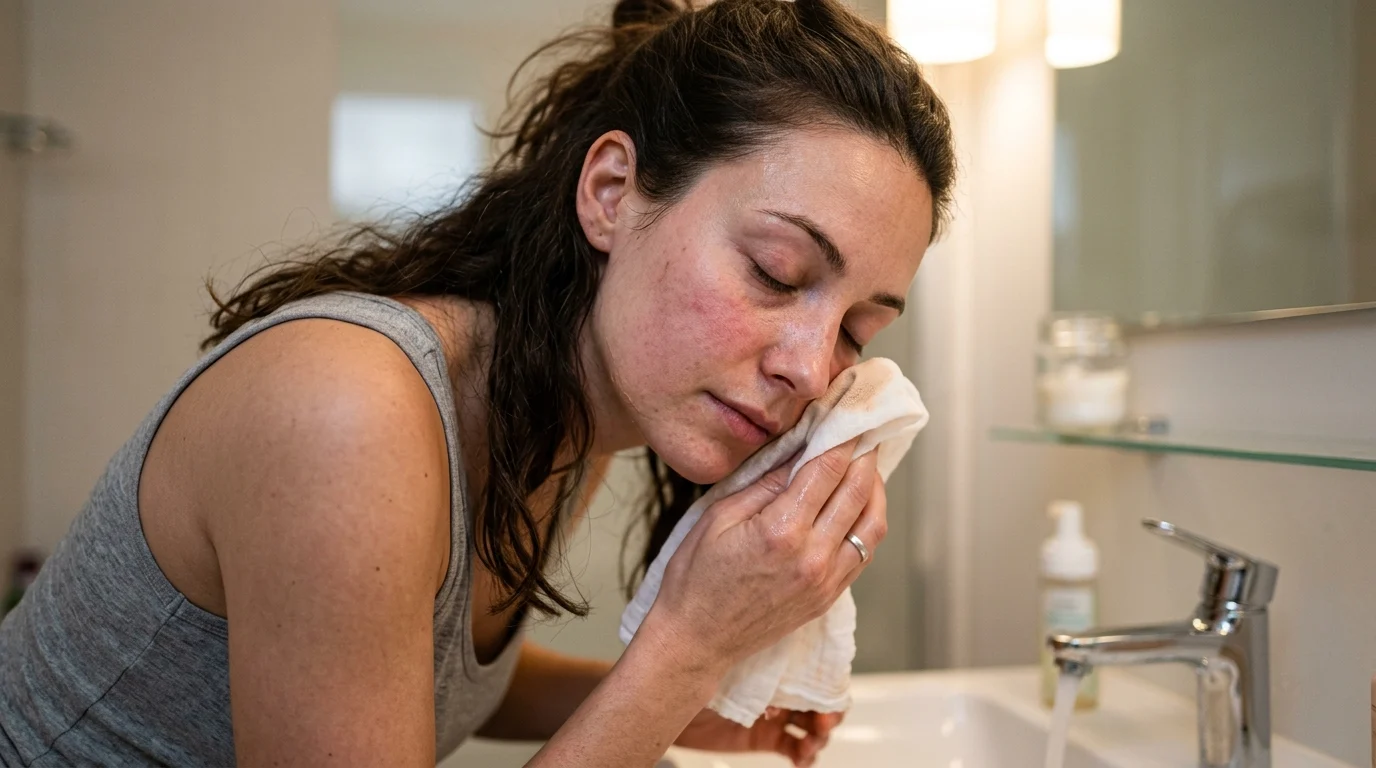 A woman removes heavy foundation with a muslin cloth — thorough daily cleansing and skin recovery time are essential when wearing full-coverage, occlusive makeup formulas.