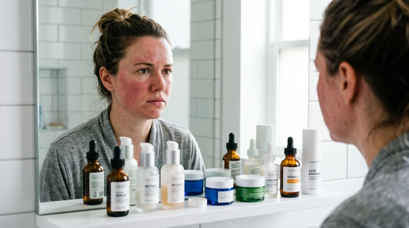 A woman examines her irritated, red skin in a bathroom mirror surrounded by over ten skincare products — illustrating the consequences of skin barrier dysfunction caused by an overloaded routine.