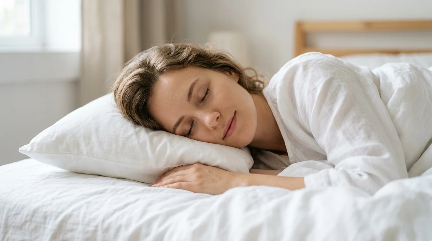 A woman sleeping peacefully on white linen — representing nocturnal skin microcirculation, vascular repair activity, and the skin's overnight recovery window
