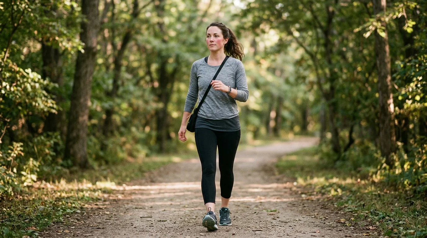 A woman walking briskly outdoors in morning light, cheeks flushed — representing exercise-induced nitric oxide production and improved skin microcirculation