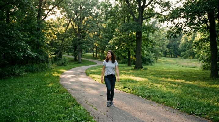 A woman walking alone along a tree-lined park path in soft golden morning light, illustrating the calming effects of nature therapy.