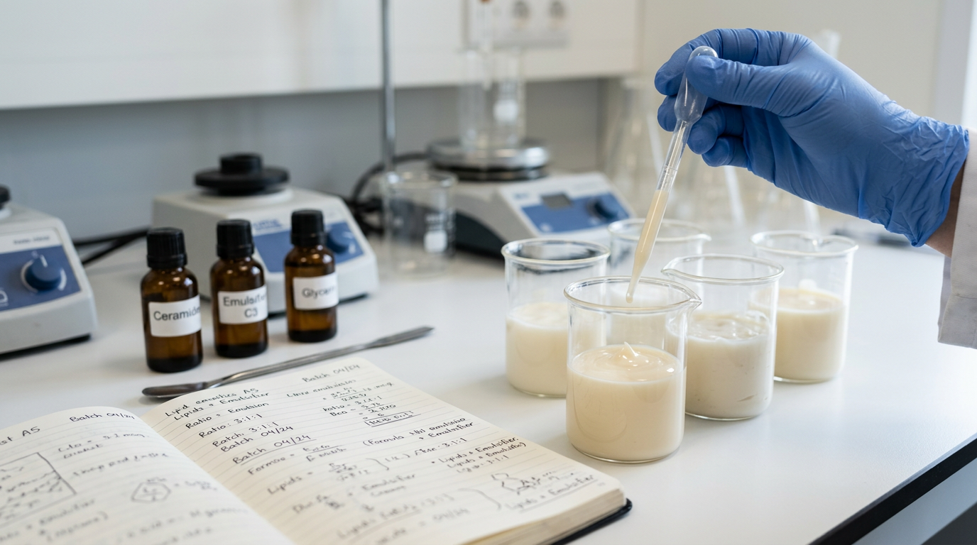 A cosmetic chemist's hand holding a pipette over glass containers filled with lipid mixtures in a laboratory