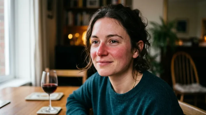 Close-up portrait showing facial flushing and redness on cheeks and nose after alcohol consumption
