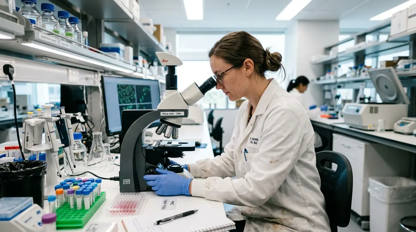 Scientist examining cellular research under a microscope, representing autophagy cellular repair skin mechanisms