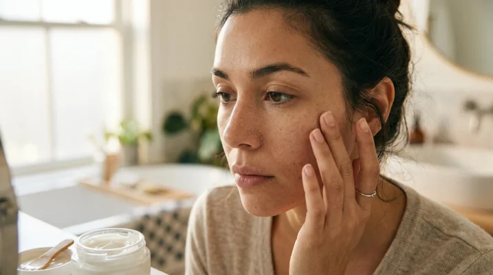 A woman is examining the dry, flaky skin on her face in front of a mirror; a jar of cream is visible nearby