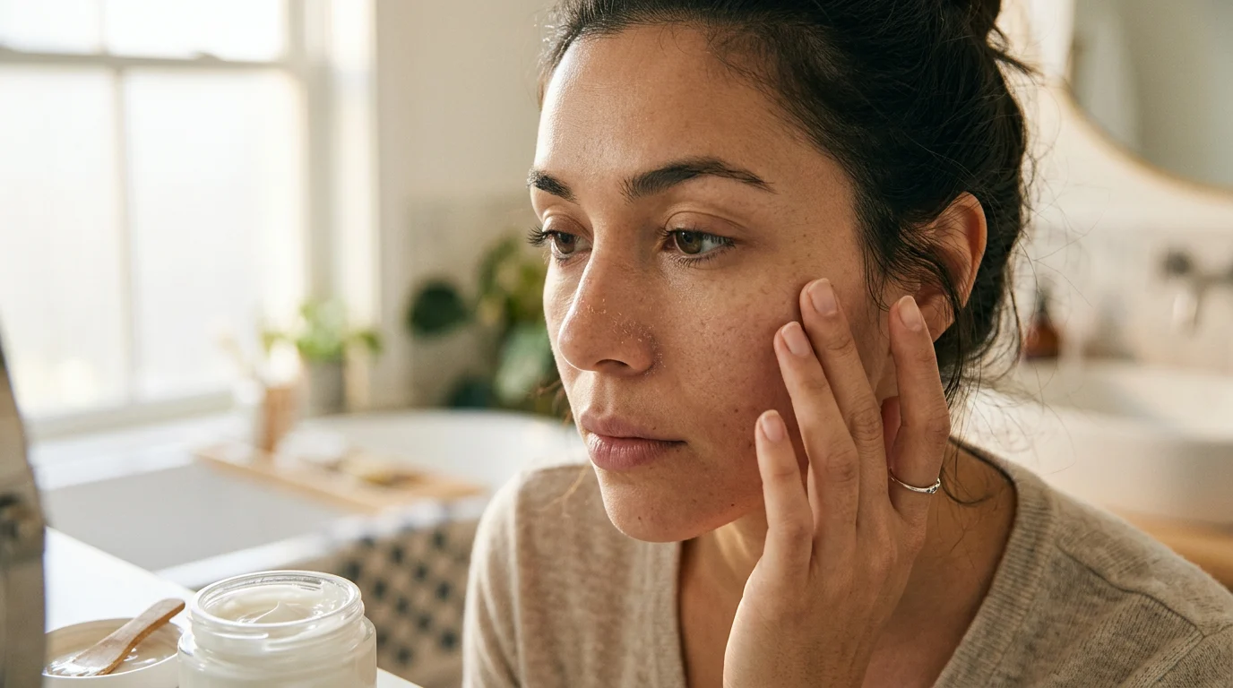 A woman is examining the dry, flaky skin on her face in front of a mirror; a jar of cream is visible nearby