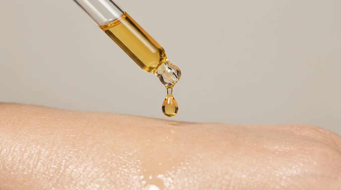 Drop of cleansing oil falling onto skin illustrating lipid-first cleansing