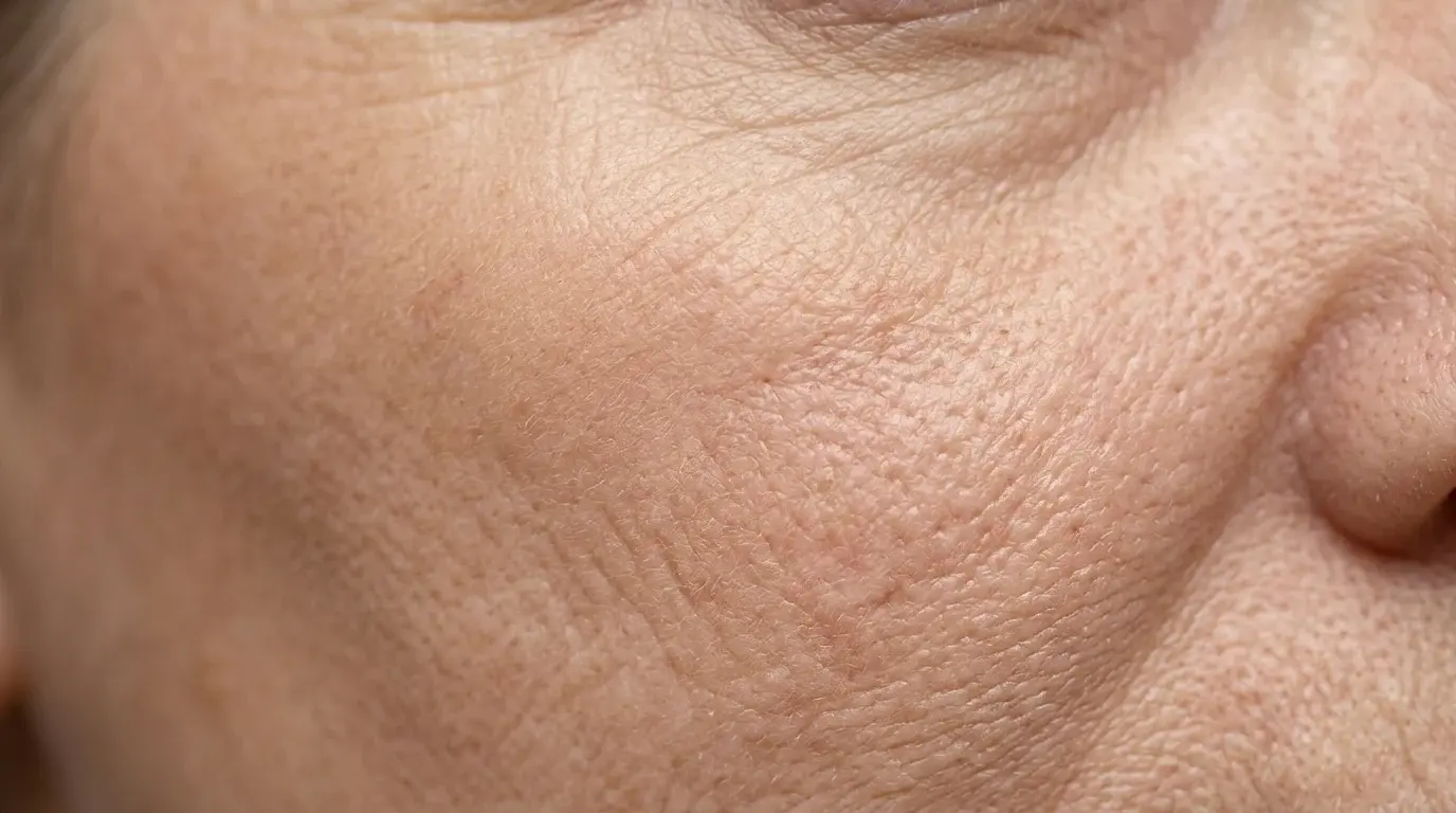 Macro view of facial skin texture showing fine lines and reduced elasticity from collagen degradation