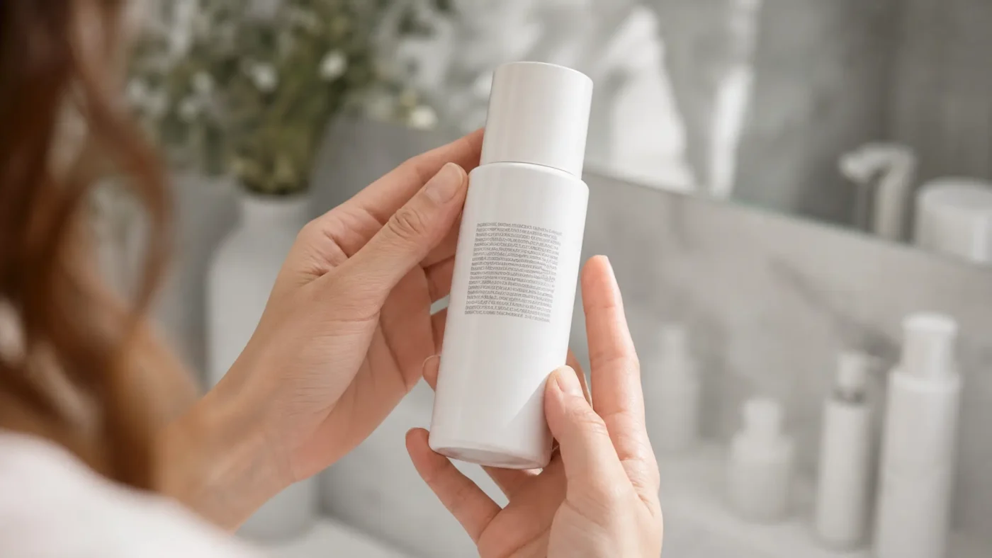 Close-up of a person reading the ingredient list on a skincare bottle label to verify cosmetic claims