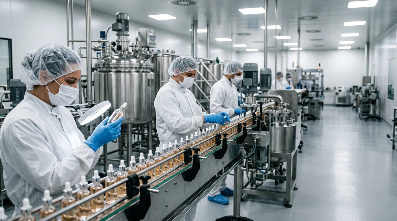 Workers inspecting serum bottles on an industrial contract manufacturing production line in a cosmetic factory