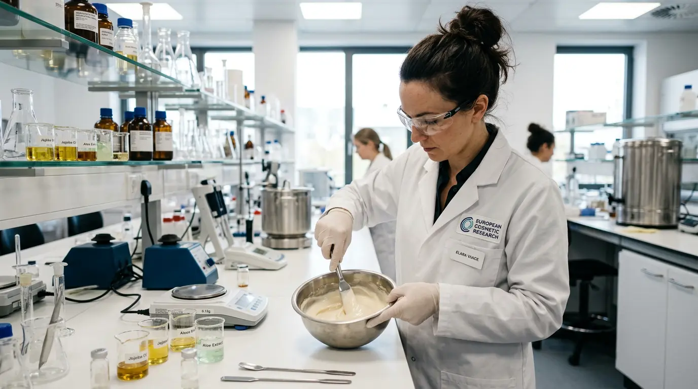 Cosmetic chemist mixing an unfragranced skincare formula in a laboratory