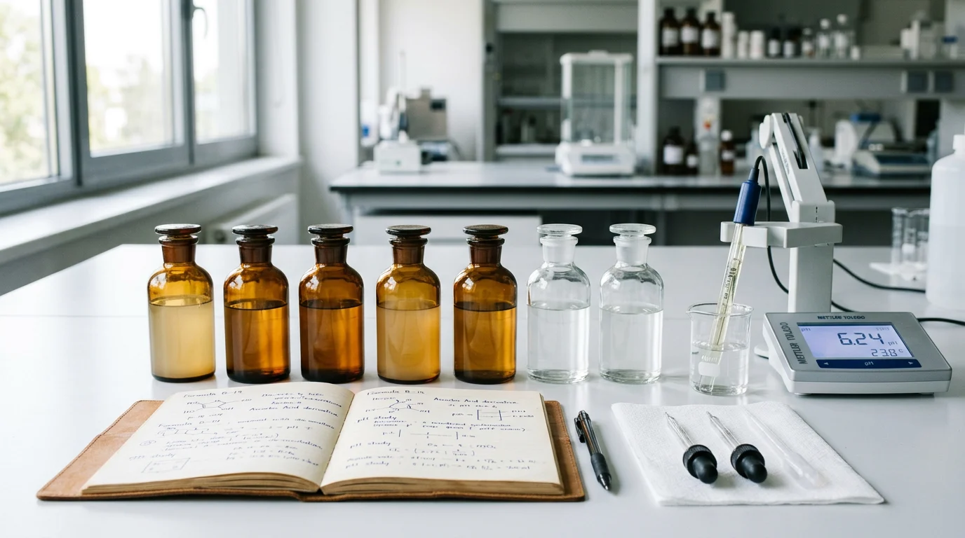 Unlabeled serum base formula bottles on a cosmetic chemist's lab bench with pH meter and notebook
