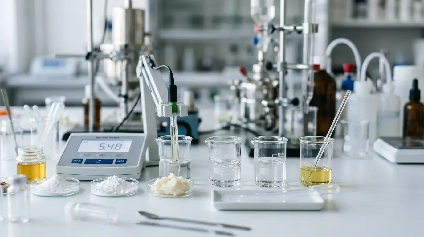 Cosmetic chemistry laboratory with beakers, pH meter and raw ingredients used in skincare formulation
