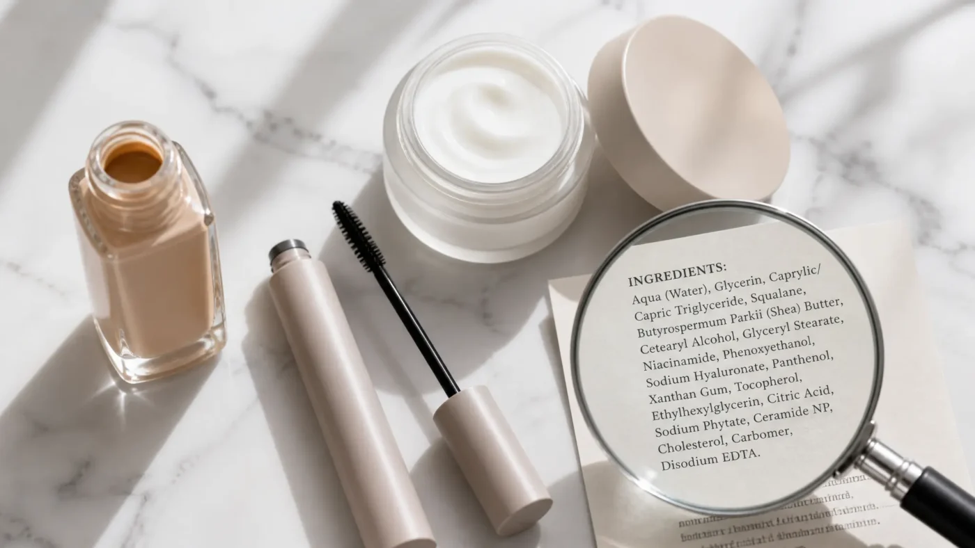 Flat lay of makeup products with a magnifying glass over an ingredients label highlighting preservatives and fragrance
