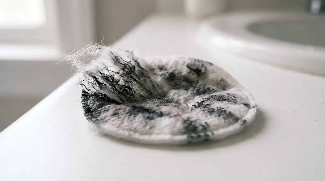 Used cotton pad with waterproof mascara residue showing friction damage