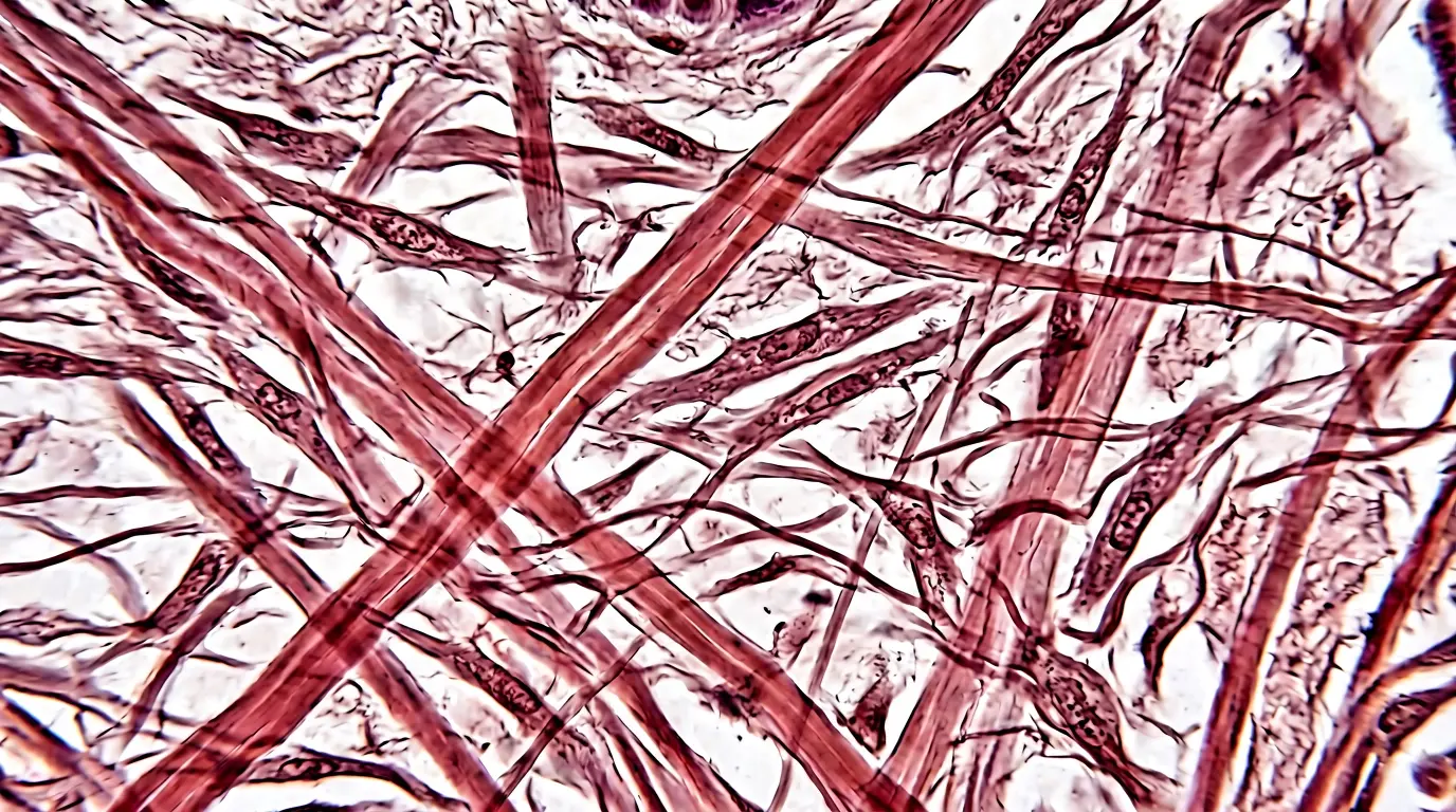 A high-resolution micrograph showing fragmented, disorganized collagen fibers and shrunken fibroblast cells in human dermis tissue, illustrating oxidative stress damage.