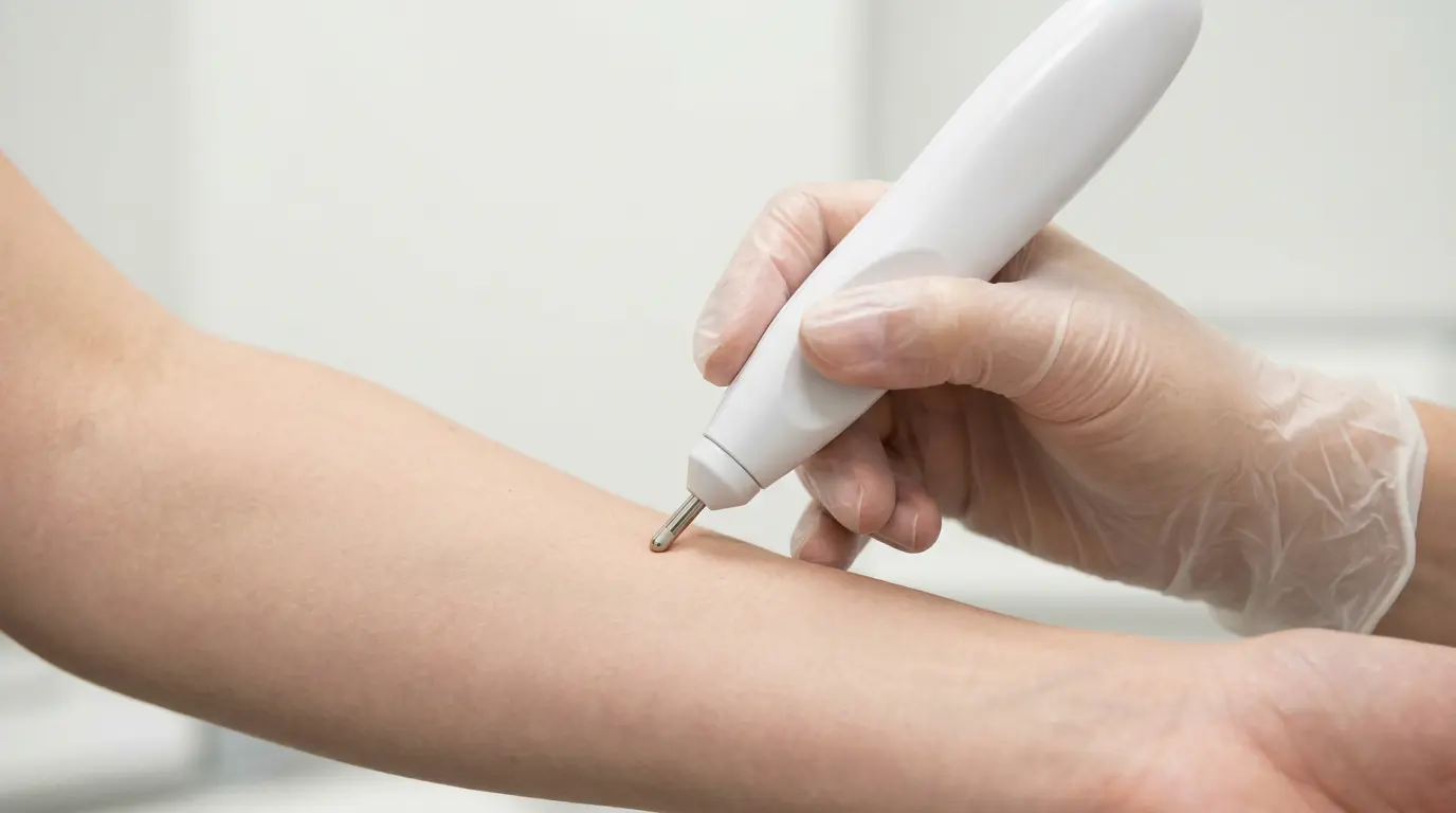 Dermatologist using a corneometer device to measure skin hydration during a clinical skincare trial