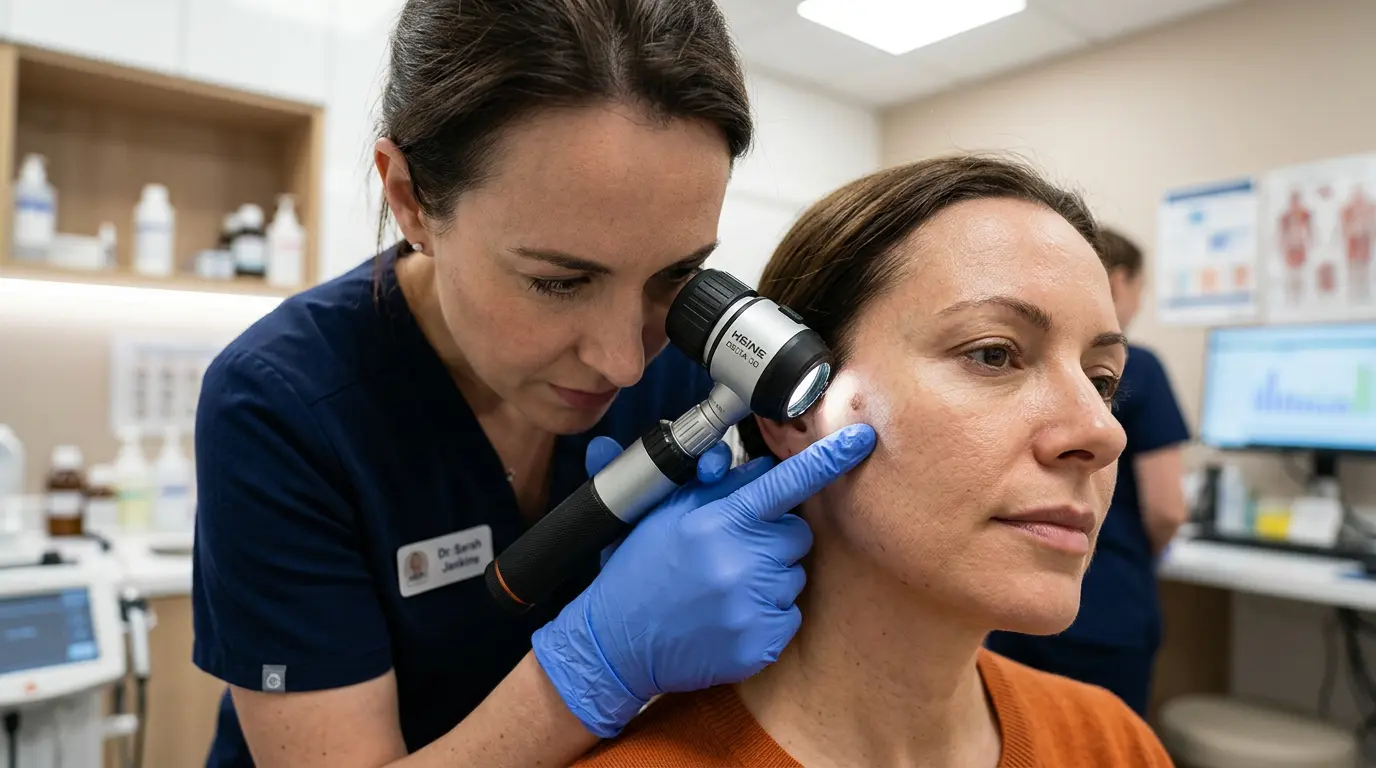 Dermatologist examining a patient's skin with a dermatoscope during a consultation about fasting candidacy for skin health