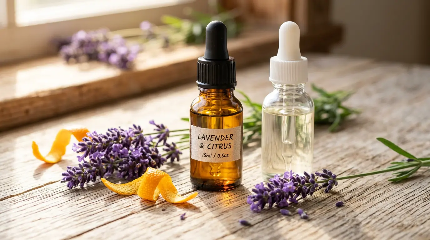 Essential oil dropper bottle next to lavender and citrus peel showing oxidation
