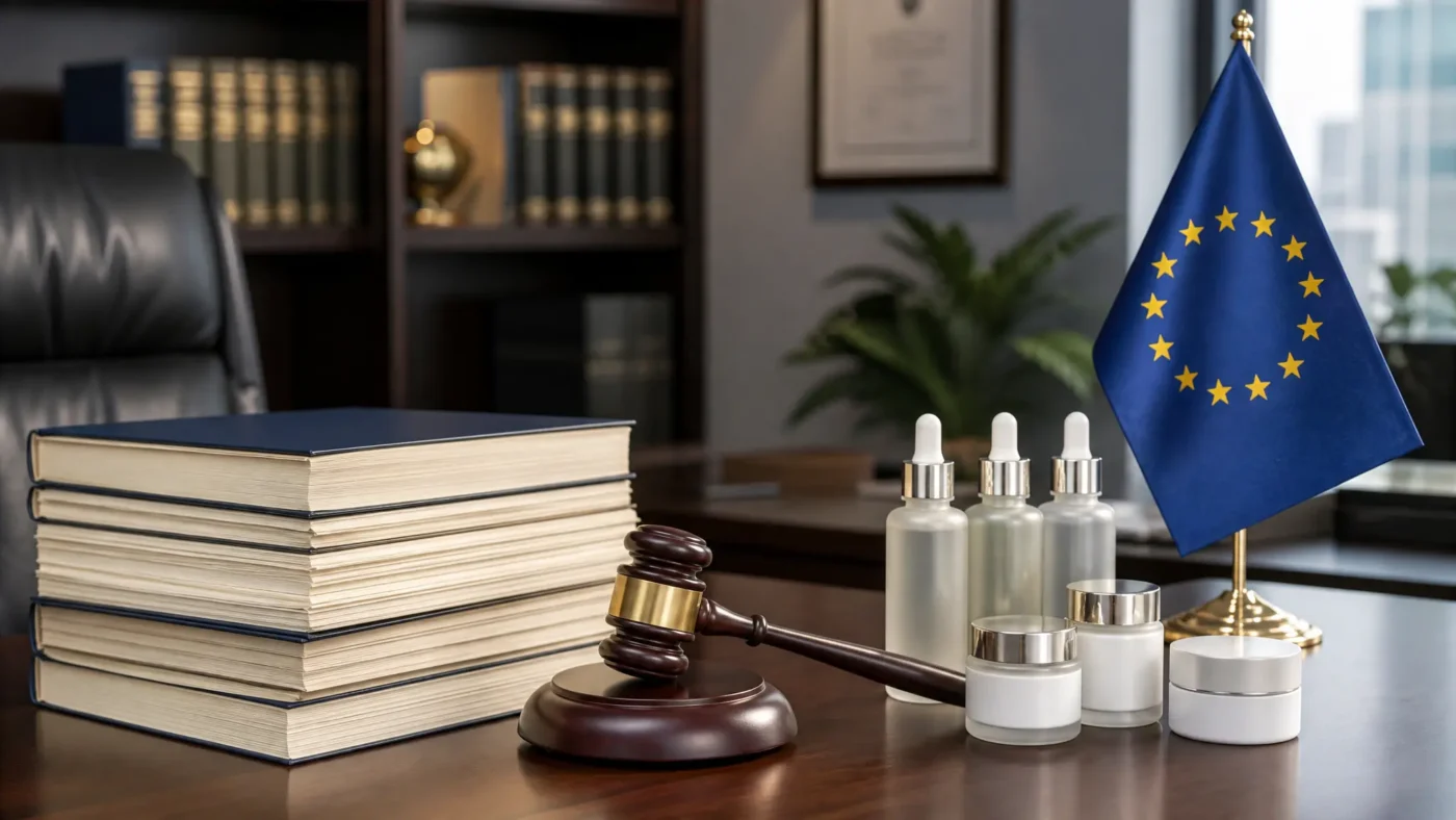 Legal documents, gavel, and European Union flag beside skincare products representing EU cosmetic claims regulation
