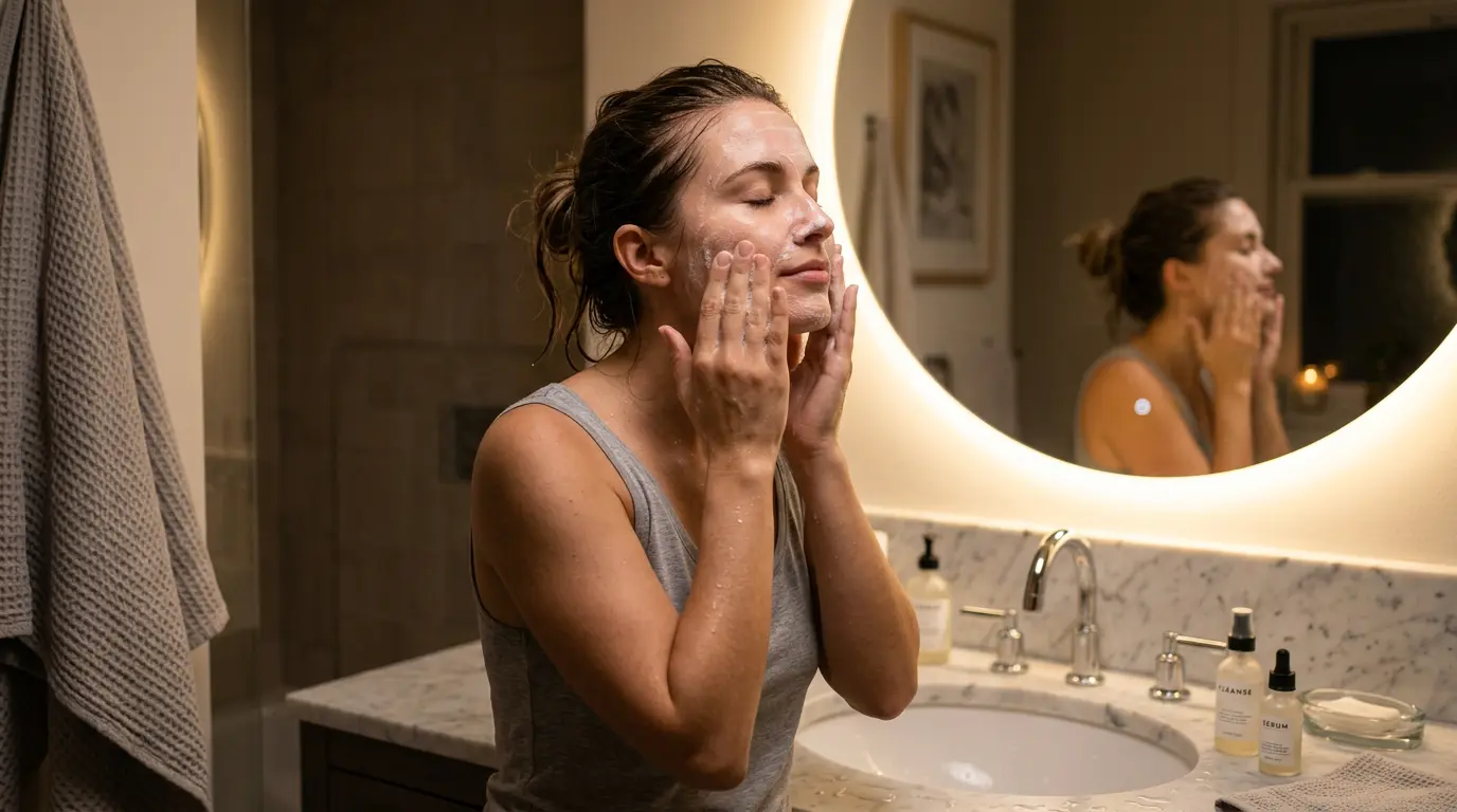 Woman double-cleansing her face in the evening to remove pollution particles from skin