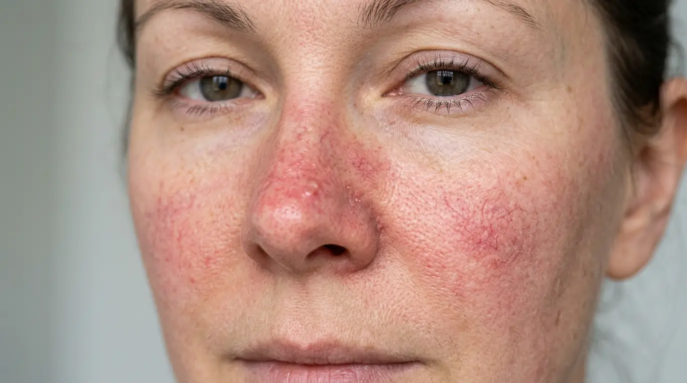Close-up of facial capillaries and rosacea-like redness caused by chronic alcohol-induced vasodilation