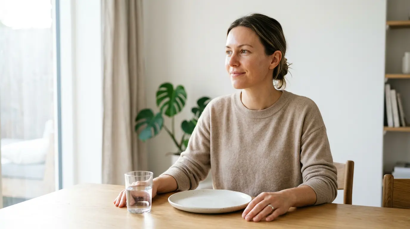 Woman with healthy glowing skin sitting by a window in soft morning light with an empty plate, representing fasting and skin health
