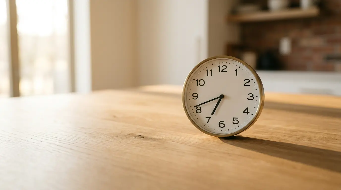Analog clock on a kitchen table symbolizing fasting windows and time-restricted eating for skin health