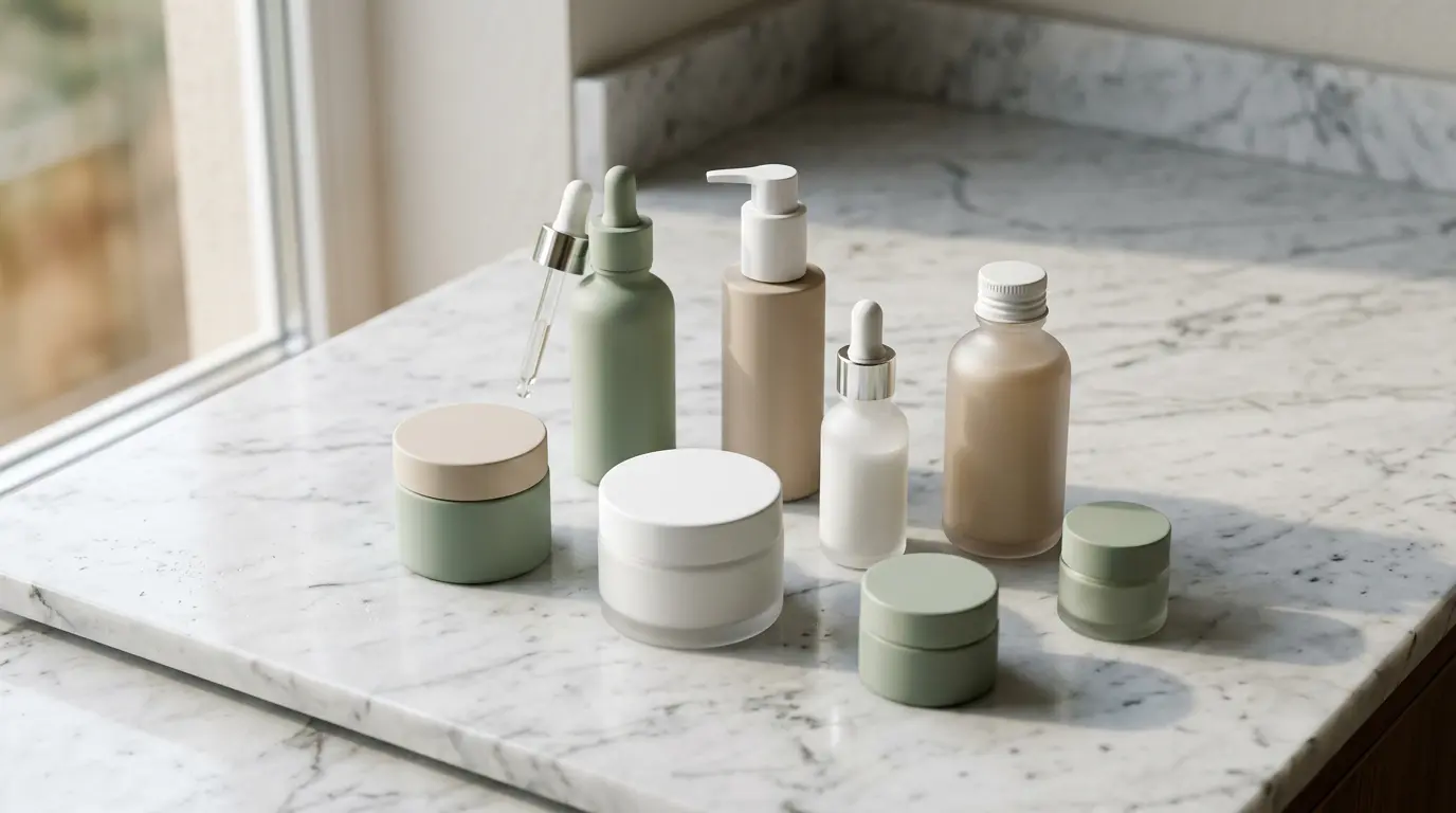 Minimalist fragrance-free skincare products arranged on a marble surface