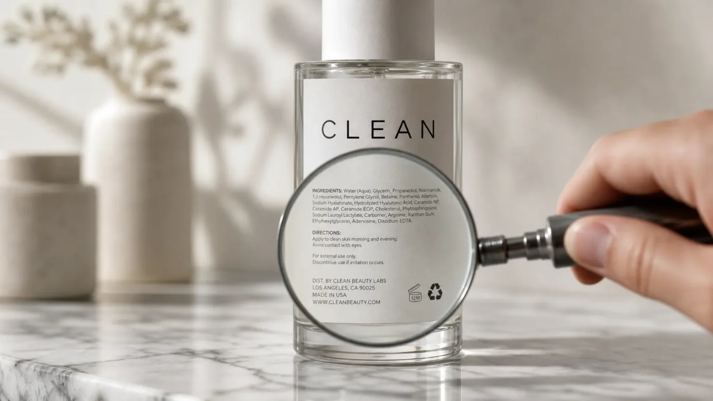 Magnifying glass revealing fine print on a "clean" skincare product label, symbolizing scrutiny of greenwashing in skincare