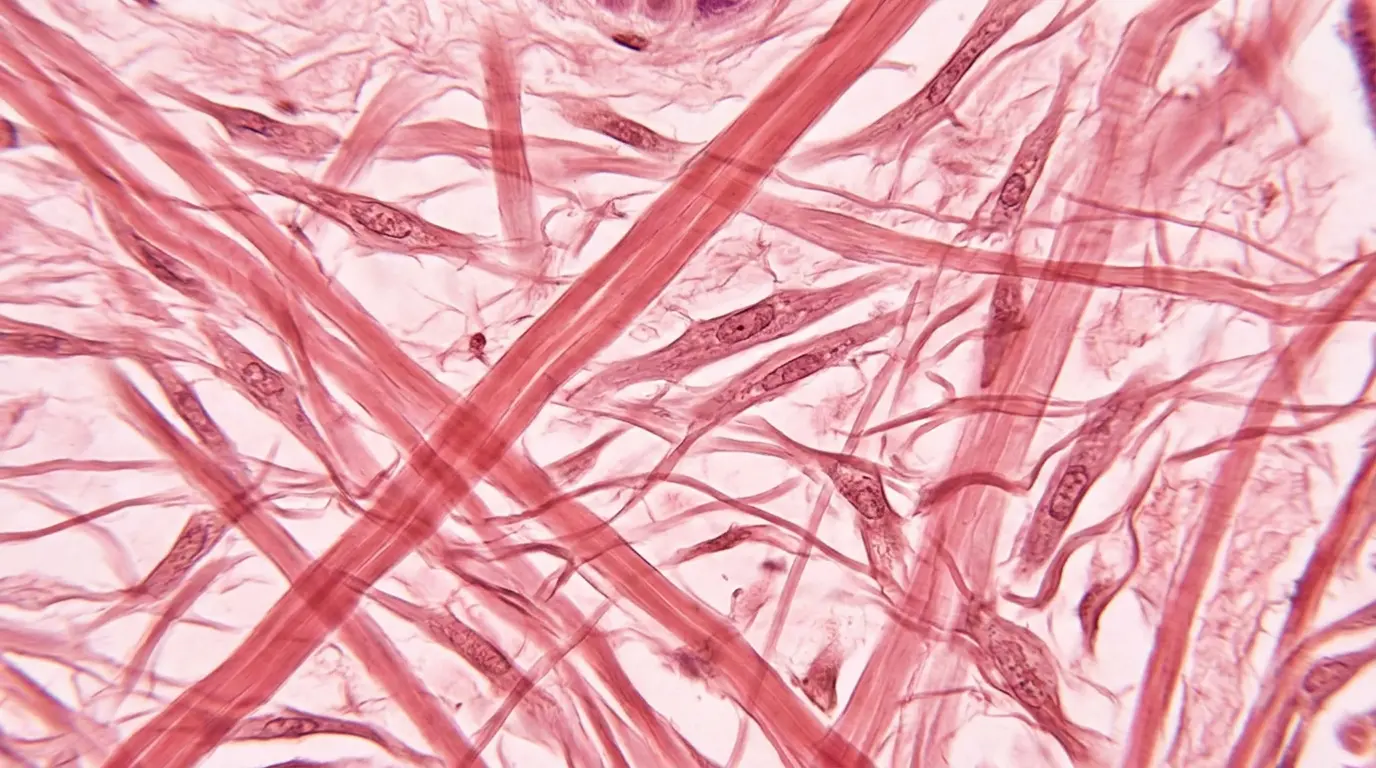 A high-resolution micrograph showing a healthy network of organized collagen fibers and plump fibroblast cells in human dermis tissue.