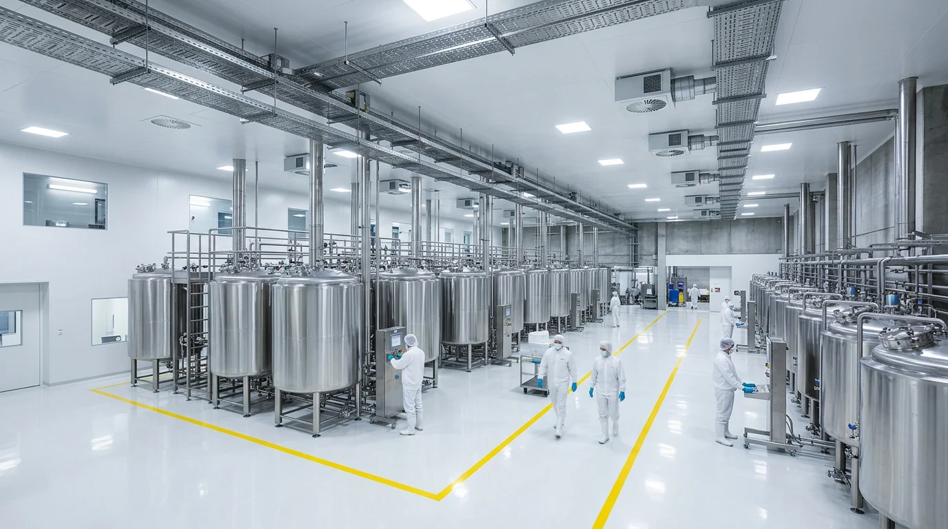 Wide view of an ISO-certified cleanroom cosmetic manufacturing facility with steel batch tanks and gowned workers