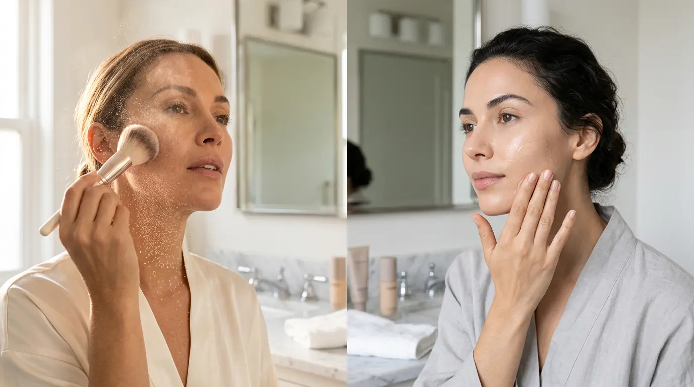 Side-by-side comparison of loose mineral powder application versus liquid cream foundation application