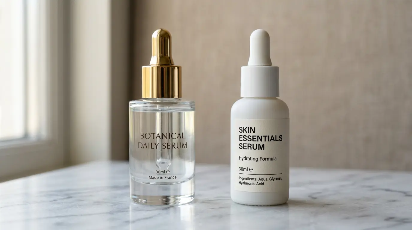 Luxury glass serum bottle next to a budget plastic serum bottle, comparing price vs efficacy in skincare