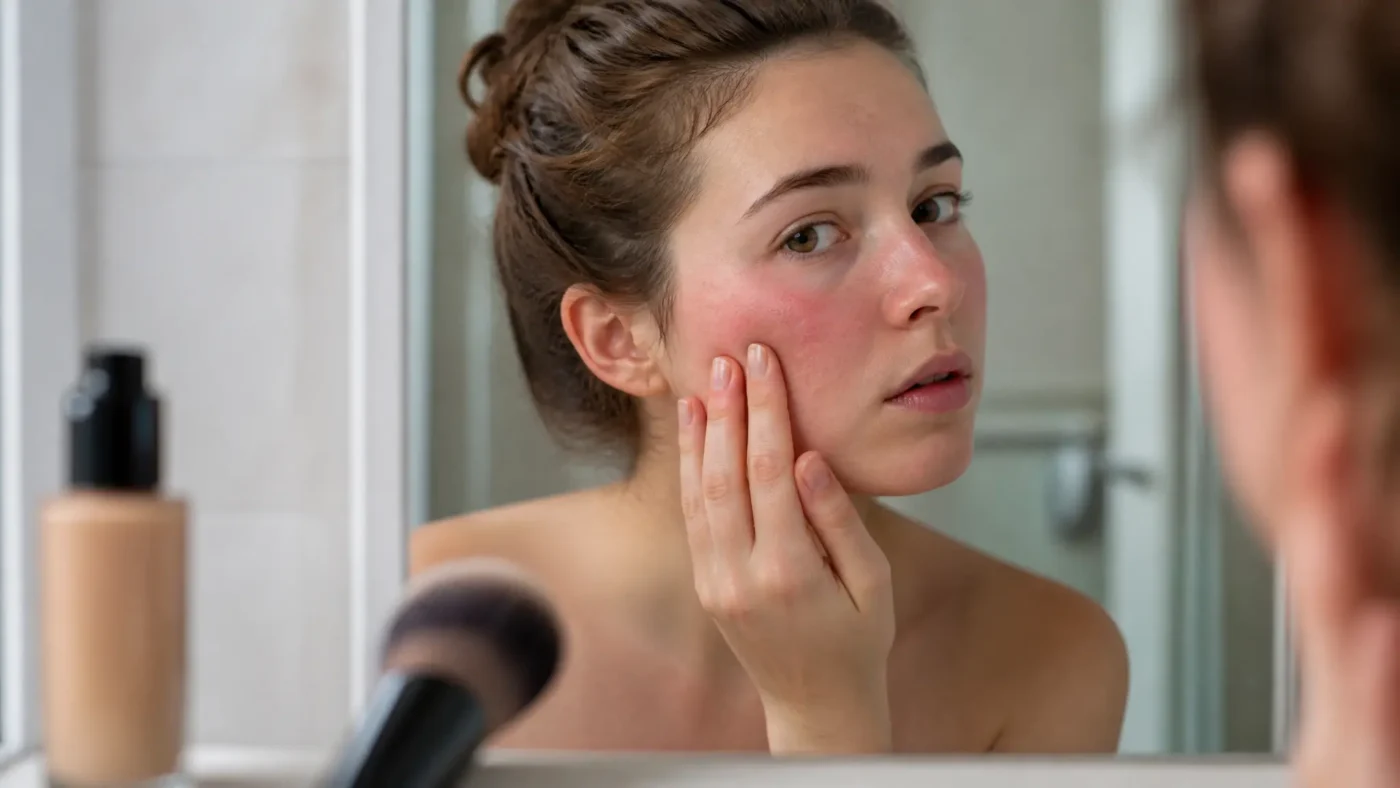 Woman examining mild skin redness on her cheek in a mirror after a makeup allergy skin reaction
