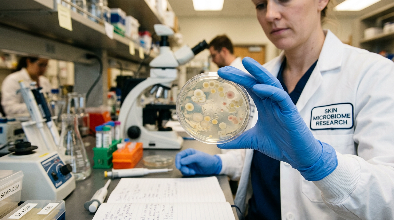 A scientist's hand holds a Petri dish containing bacterial cultures in a laboratory, symbolizing research on the skin microbiome