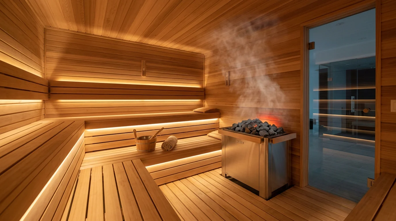 Interior of a modern wooden sauna with glowing hot stones and warm ambient light