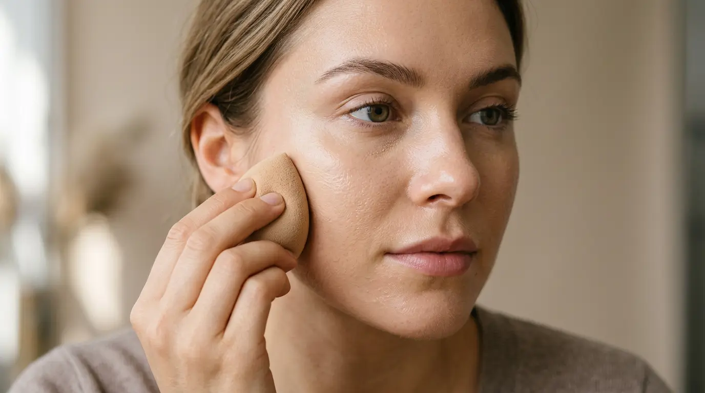 Woman applying liquid mineral foundation with makeup sponge, showcasing natural dewy skin texture