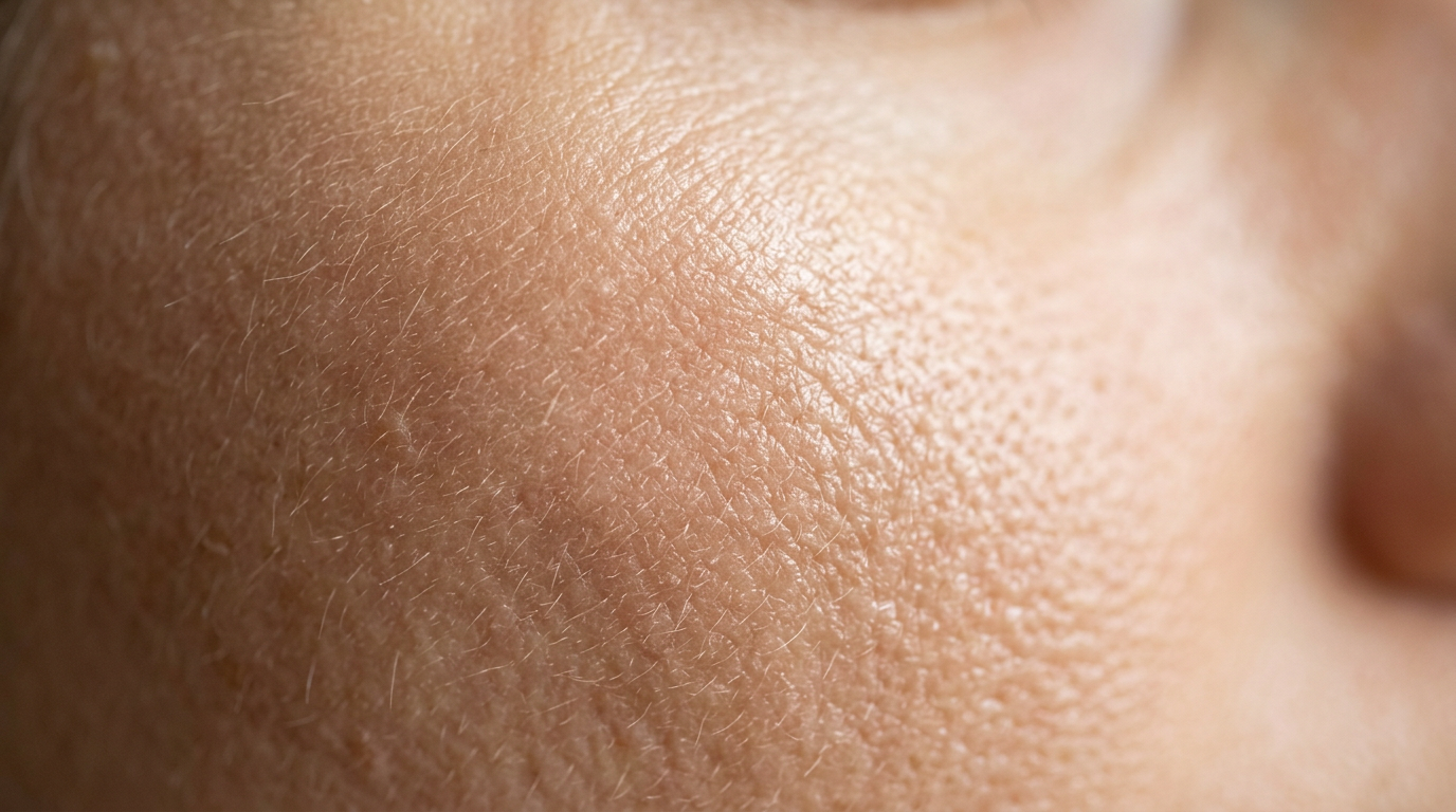 A macro photo of the texture of clean, healthy facial skin with a natural glow
