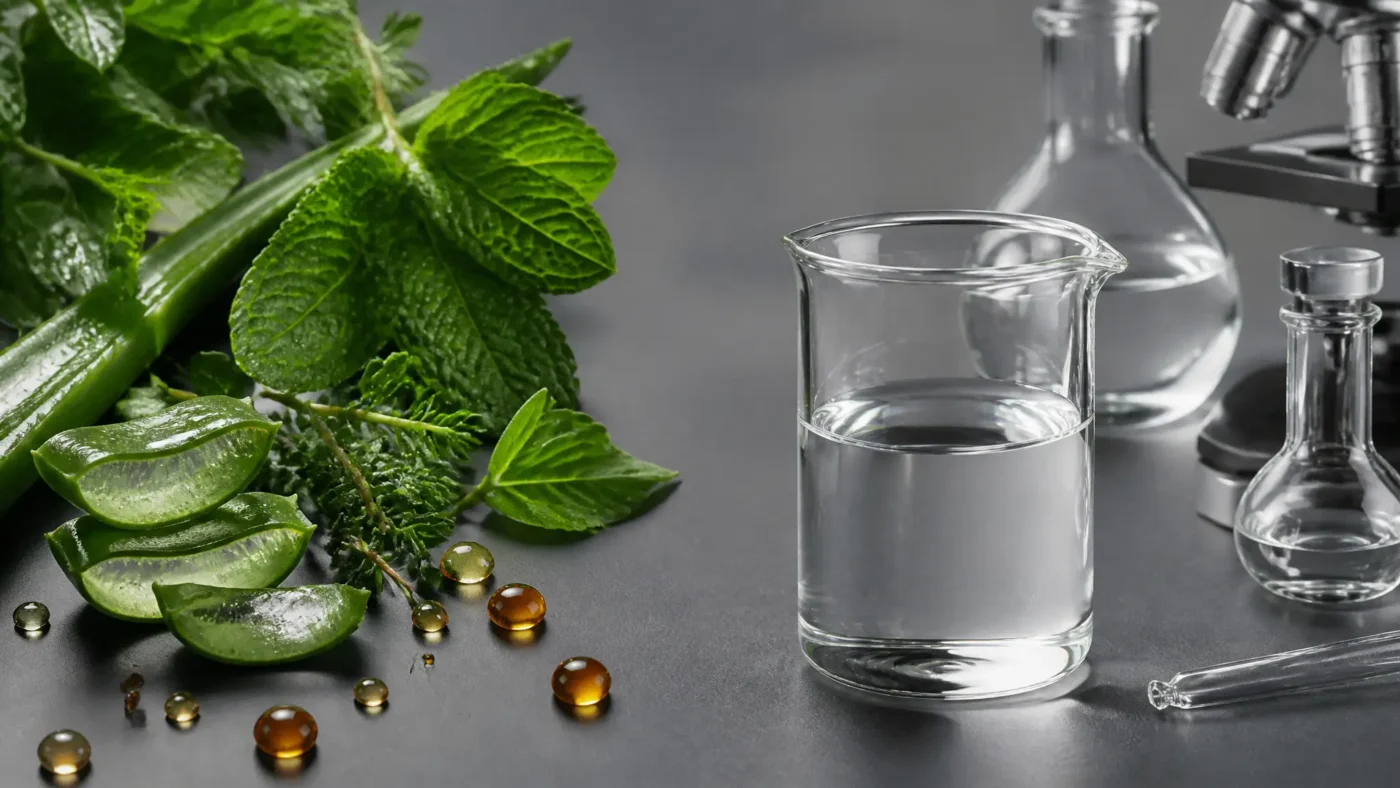 Side-by-side comparison of natural botanical extracts and synthetic laboratory formulation used in skincare products